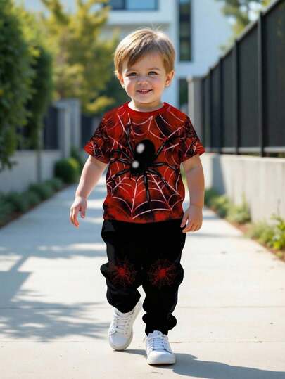 SHEIN Set de 2 piezas de ropa casual para niño pequeño con diseño gráfico de araña, estampado de graffiti y dibujos animados, estilo deportivo y urbano, con camiseta de cuello redondo y manga corta y pantalones