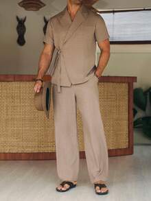 Manfinity RSRT 男士成熟休闲西装领口设计上衣和长裤衬衫套装 - 藕粉色 - 查看 6