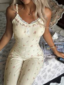 CottageSlumber Floral Lace Patchwork Backless Design Women Pajama Jumpsuit - Beige - View 5