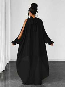 Maweii Vestido elegante de cuello mao de unicolor con bajo asimétrico para tallas grandes - Negro - Ver 2