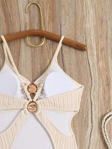 Swim Chiccia 成熟特制面料胸部衬里细肩带连体泳衣 - 米色 - 查看 4