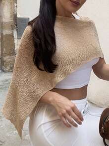 Marta Soriano Áo choàng Poncho đan gợi cảm đa năng, thiết kế vai bất đối xứng cổ chữ V, áo cánh thường ngày cho kỳ nghỉ hè - Vàng - Xem 6