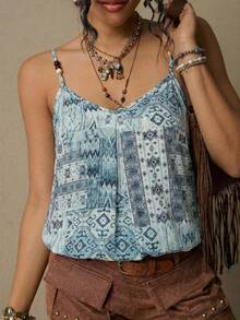 Freevana Áo camisole cỡ lớn kiểu Bohemian in họa tiết hình học, dây đeo đính hạt gỗ + dáng rộng, kiểu dáng retro mùa hè, áo không tay đa năng dành cho nữ. - Màu xanh lam - Xem 4