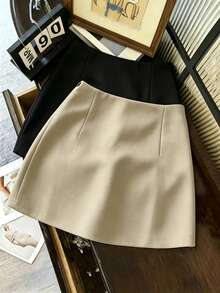 Franclia Falda mini de talle bajo versátil y casual con abertura en el bajo, adecuada para primavera, verano, otoño e invierno - Caqui - Ver 2