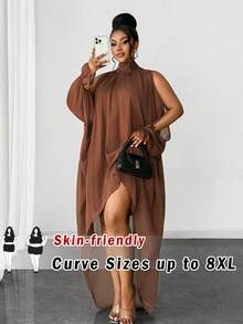 SHEIN CURVE+ Vestido de moda de unicolor con cuello alto, parte delantera corta y parte trasera larga para tallas grandes - Marrón - Ver 1