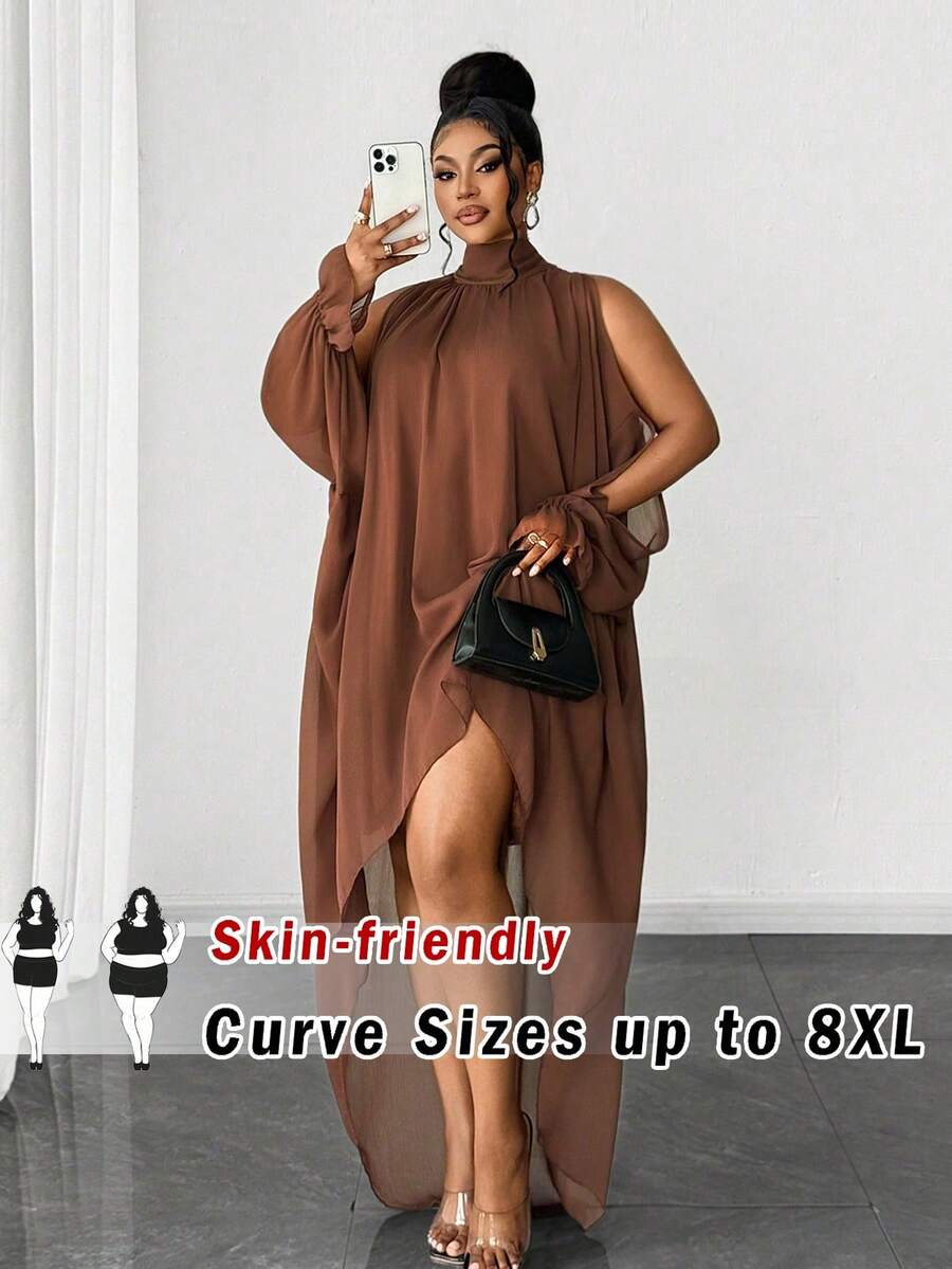 SHEIN CURVE+ Vestido de moda de unicolor con cuello alto, parte delantera corta y parte trasera larga para tallas grandes - Marrón - Ver 1
