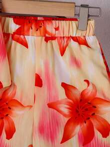 SHEIN Bộ đồ 2 mảnh thời trang mùa hè cho bé gái 4-7 tuổi, họa tiết hoa dâm bụt, gồm áo hai dây và quần short. - Đỏ - Xem 7