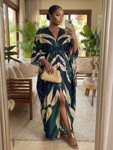 SHEIN CURVE+ Plus Size Women's Vacation Green Plant Print 3/4 Sleeve Dress - Multicolor - View 9