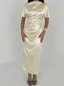 Aloruh Vestido largo elegante de mujer con cintura ceñida de unicolor - Beis - Ver 5
