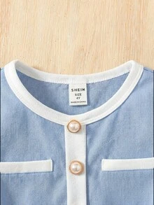SHEIN 两件套少女休闲正式优雅返校套装，撞色珍珠纽扣衬衫搭配直筒裤，返校季少女装 - 淺藍色 - 查看 8