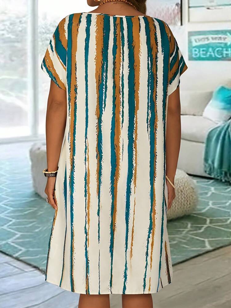 Plus Size Casual Vacation Contrast Striped Batwing Sleeve Midi Dress,Vacation Outfits Woman Summer Outfits For Women Office Wear, Vacation Outfits Woman Summer Outfits For Women Festival BohosBoho,Holiday Outfit