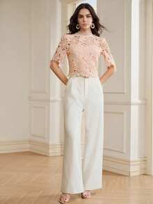 Anewsta Áo croptop cổ ren hồng họa tiết hoa khoét lỗ tay cánh hoa - Hồng - Xem 6