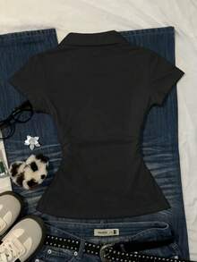 SHEIN 女士极简印花 Polo 领短袖 T 恤 - 黑色 - 查看 2