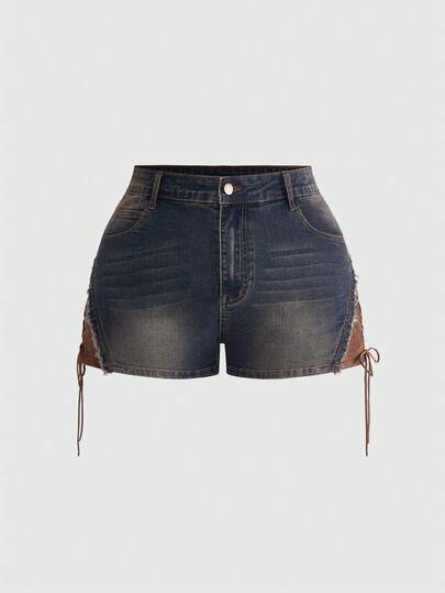 ROMWE Hippie Quần short denim rách rưới kiểu miền Tây, phối da lộn, dành cho nữ cỡ lớn.