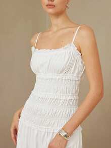 BELROSIE French Minimalist White Cottage Core Spaghetti Strap Dress, Summer Vacation Holiday Elegant Sleeveless Fitted Waist Ruched Layered Pleated Loose Hem - White - View 3