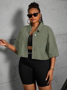 Slaydiva Plus Size Women Denim Jacket, Short, Non-Stretch, Sexy - Army Green - View 7