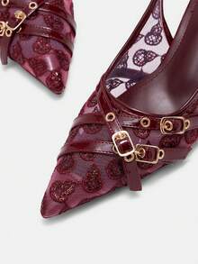 CUCCOO CURVES Wider Width Pointed Toe High Heel Elegant Black Satin Backstrap Sandals All Seasons Spring Shoes Spring Break Easter For Christmas Valentine's Day - Burgundy Lace - View 4