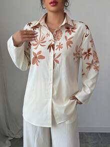 Modelyn 女士杏色梭织数码印花长袖纽扣休闲衬衫和直筒裤两件套，春夏款 - 杏色 - 查看 4