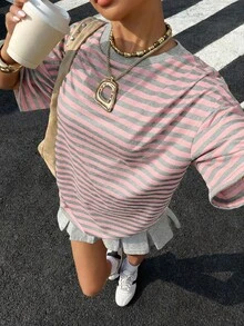Muchica 女款休閒對比條紋印花T恤，可愛夏季女裝上衣，日常穿搭好選擇 - 粉色 - 查看 6