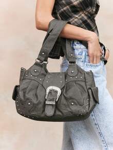 Viva Strut Ladies, Women Vintage Shoulder Bag, Hobo Bag, Silver Large Hardware Buckle, Dark Gray Faux Leather, Fashionable, Personalized, Simple, Versatile, Street, Sweet And Cool Girls, Hot Girls, Y2k, Retro, Rivets, For Daily, Shopping, Music Festival - Dark Grey - View 1