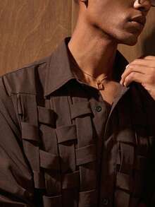 AKNOTIC 男士卡其色长袖前开襟休闲梭织衬衫 - 咖啡棕 - 查看 5