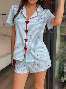 Napfluff Blue Striped & Red Polka Dot Print Short Sleeve Collared Top And Shorts Loose Fit Women Embroidered Heart Pajama Set - Blue - View 5