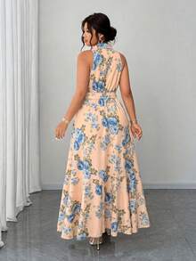 Elenzga Plus Size Women Elegant Romantic Ditsy Floral V-Neck Long Dress - Pink - View 2