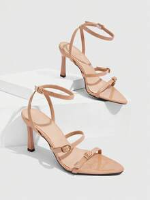 CUCCOO SZL Nude Multi-Strap Pointed Stiletto Sandals, Metal Buckle Design, Workplace Commuting Dating Slim High Heels - Apricot - View 4