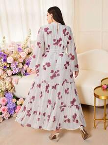 Modelyn Plus Size Women Floral Print Stand Collar Waist Tie Design Elegant Waist Cinched Party Dress - Multicolor - View 2