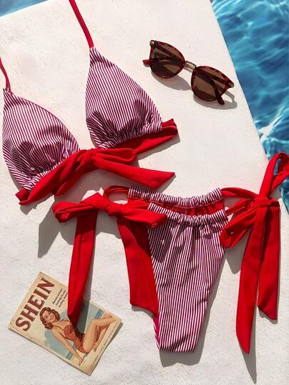Swim Mod Damskie, duże rozmiary, pasiaste, kontrastowe, wiązane bikini z wiązaniem