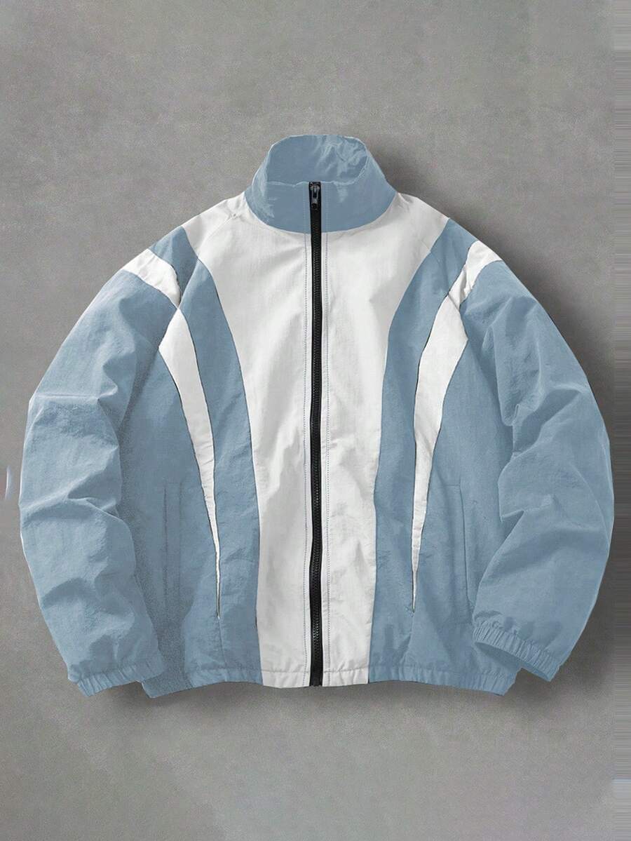 Manfinity EMRG Chaqueta casual de manga larga con cremallera y cuello alto de color contrastante para hombre - Azul - Ver 1