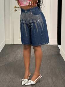 Slaydiva Quần short denim nữ dáng rộng, đính đá lấp lánh, có túi khóa kéo. - Hồng - Xem 3