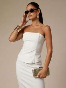 Silquee Women's Solid Color Minimalist Daily Wear Bandeau Top And Skirt 2-Piece Set - White - View 5