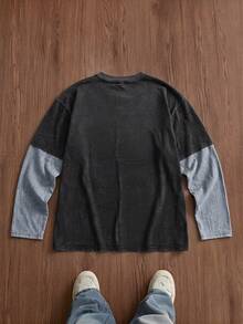 SWAVVY Men's Standard Size Spring/Autumn Casual Long Sleeve T-Shirt, Black Color Block & Print, Round Neck - Black - View 2