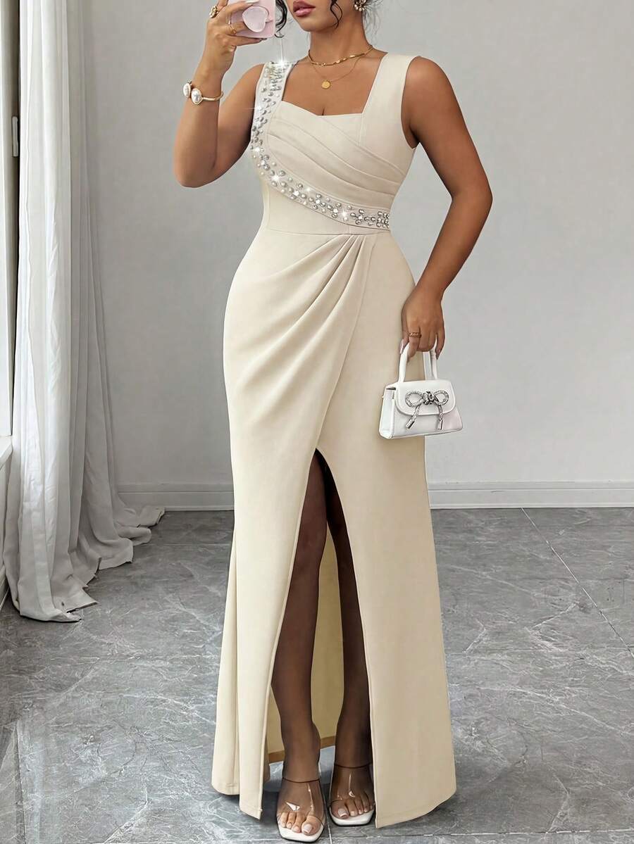Elenzga Gaun Wanita Ukuran Besar Tanpa Lengan, Leher Persegi, Hiasan Mutiara, Pinggang Pas, Belahan Ruffle, Elegan, Romantis, Halus, Ringan untuk Pesta Koktail, Hem Model Duyung - Aprikot - View 1