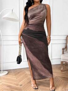 EMERY ROSE Plus Size Plus Size Summer Tie-Dye Printed Maxi Dress,Chocolate Brown Asymmetric Neckline Ruched Waist Side Slit Classy Night Out Club Elegant Party - Multicolor - View 3