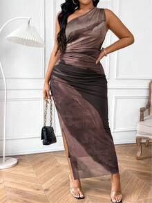 EMERY ROSE Plus Size Plus Size Summer Tie-Dye Printed Maxi Dress,Chocolate Brown Asymmetric Neckline Ruched Waist Side Slit Classy Night Out Club Elegant Party - Multicolor - View 6