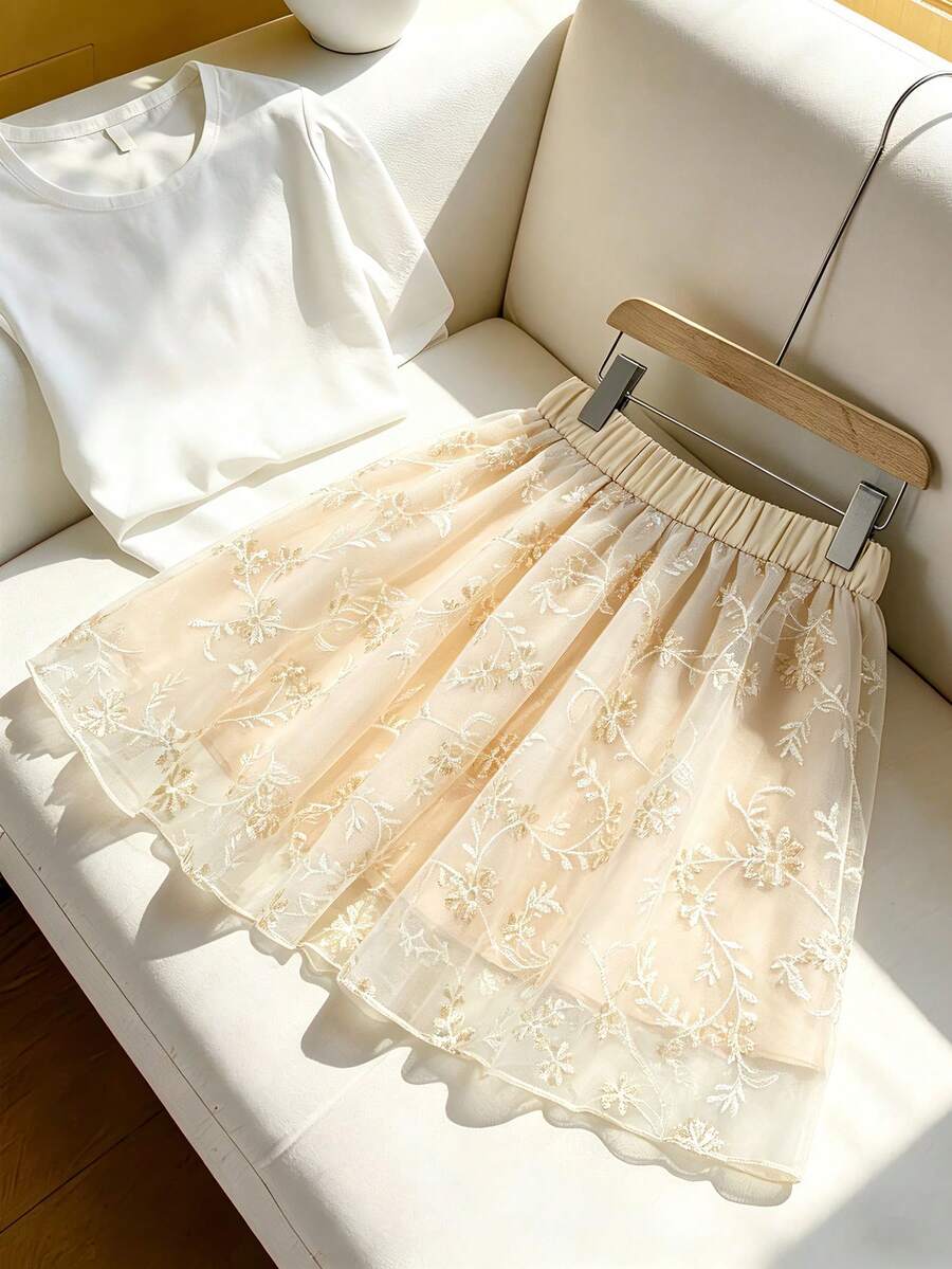 Elenzga Chân váy mini hai lớp dáng chữ A lãng mạn với họa tiết hoa, kiểu dáng thanh lịch Pháp, thích hợp cho kỳ nghỉ, hẹn hò, đi làm, mùa xuân/hè. - Màu be - Xem 1