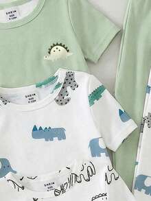 6件/3套幼儿男童可爱卡通恐龙动物印花配套针织短袖上衣和裤子两件套休闲家居服套装 - 彩色 - 查看 4
