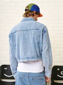 Zalmeno 男士浅蓝色落肩长袖短款休闲牛仔夹克 - 淺色水洗藍 - 查看 2