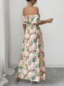 Elenzga Đầm trễ vai họa tiết hoa thanh lịch dành cho nữ - Hồng - Xem 2