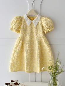LMoss Kids Young Girl Woven Collared 3D Floral Puff Sleeve Casual Dress - Yellow - View 4