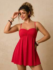 Travachic TRVLCHIC Plus Size Red Summer Satin Tropical Holiday Women Solid Color Pleated Camisole Dress Birthday Date Night Short Cute Vacation Outfits - Red - View 7