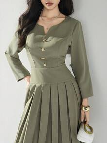 Heiryn Vestido plisado con decoración de estrella de mar elegante para uso diario, otoño - Verde - Ver 9