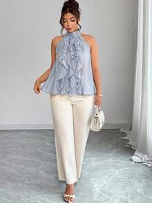 Elenzga Plus Size Women's Elegant Round Neck Ruffle Hem Blouse, Spring/Summer - Baby Blue - View 6