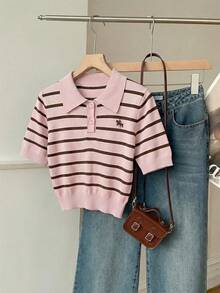 SHEIN EZwear 女士针织条纹 Polo 领短袖上衣，休闲简约复古优雅百搭，适合通勤、聚会、派对、机场等场合，春夏皆宜。 - 彩色 - 查看 4