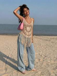 SHEIN LUNE 休闲度假女士沙滩罩衫，手工钩编流苏针织上衣，适合音乐节穿着 - 杏色 - 查看 4