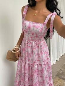 Sunnyshic Đầm hai dây họa tiết hoa dành cho nữ, kiểu dáng nghỉ mát, thắt eo. - Hồng - Xem 7
