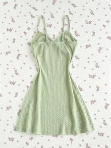 Elamini 薄荷绿针织荷叶边拼接连衣裙，饰以白色蕾丝和粉色蝴蝶结，V领无袖A字裙摆，迷你裙长，甜美浪漫，适合夏季、休闲和约会穿着。 - 綠色 - 查看 2