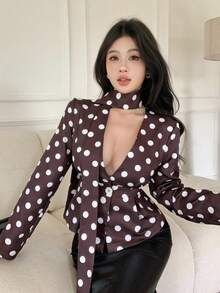 Modelyn 咖啡色波点露背收腰复古女式西装外套 - 棕色 - 查看 5